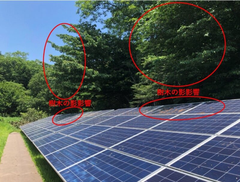太陽光発電システムが影によって発電量が減っている例